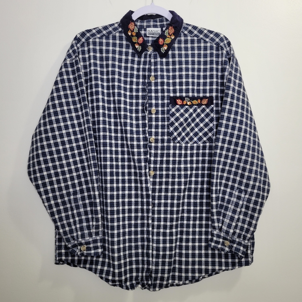 VTG‎ Basic Editions Plaid Fall Leaf Embroidered Shirts M